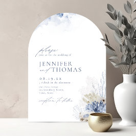 青い水彩の珊瑚と貝殻のビーチウェディング 招待状