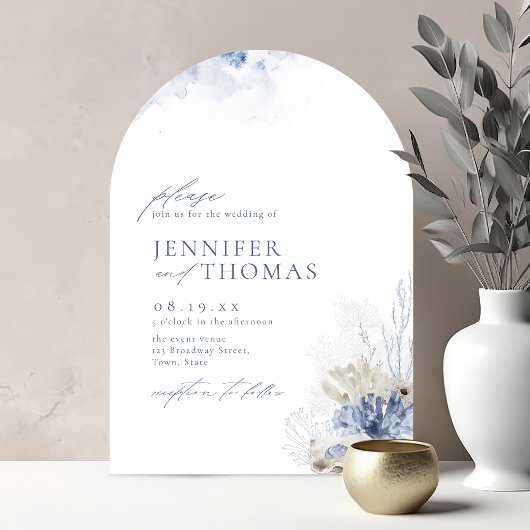 青い水彩の珊瑚と貝殻のビーチウェディング 招待状