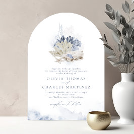 青い水彩の珊瑚と貝殻のビーチウェディング 招待状