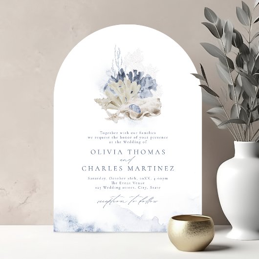 青い水彩の珊瑚と貝殻のビーチウェディング 招待状