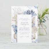 青い水彩の珊瑚と貝殻のビーチウェディング 招待状 (スタンド正面)