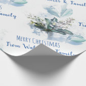 青い水彩の秋のカスタムネーム クリスマスギフト ラッピングペーパー (角)