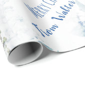 青い水彩の秋のカスタムネーム クリスマスギフト ラッピングペーパー (ロールコーナー)