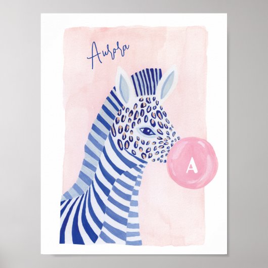 青い水彩の縞模様のシマウマがピンクのガムの泡を吹く動物 ポスター (正面)