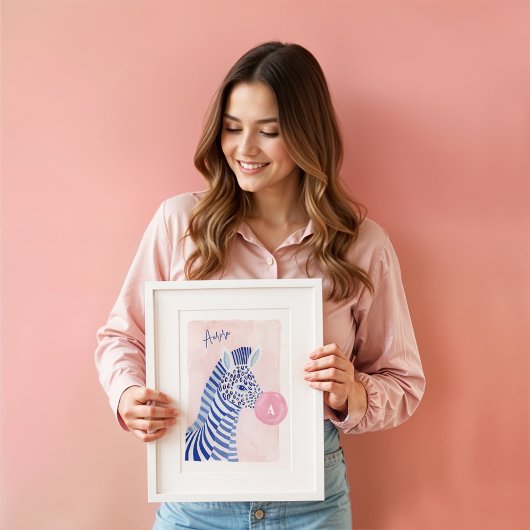 青い水彩の縞模様のシマウマがピンクのガムの泡を吹く動物 ポスター