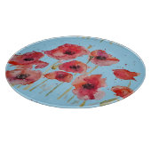 青い水彩の背景に赤いポピー デコレーション カッティングボード (角)