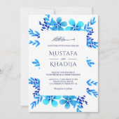 青い水彩の花とイスラムの結婚式 招待状 (正面)