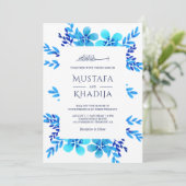 青い水彩の花とイスラムの結婚式 招待状 (スタンド正面)