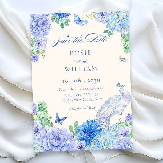 青い水彩の花の開花孔雀の結婚式 セーブザデート