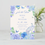 青い水彩の花の開花孔雀の結婚式 セーブザデート (スタンド正面)