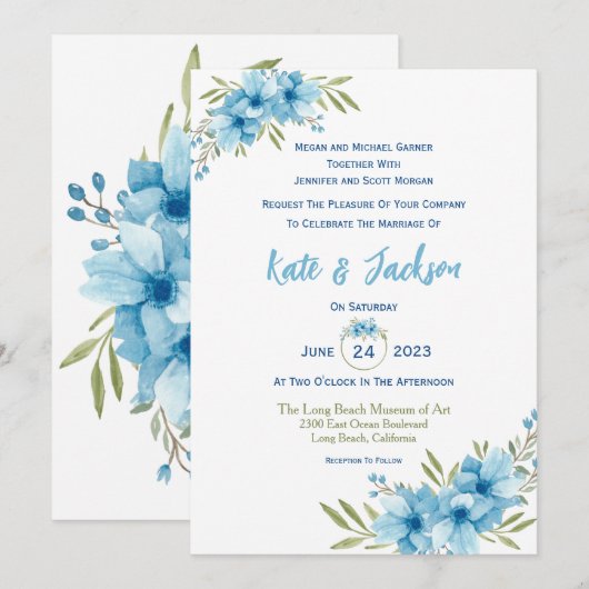 青い水彩の花 招待状 (正面/裏面)