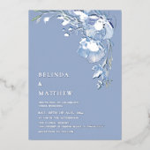青い水彩の花　白い銀色 箔招待状 (正面)