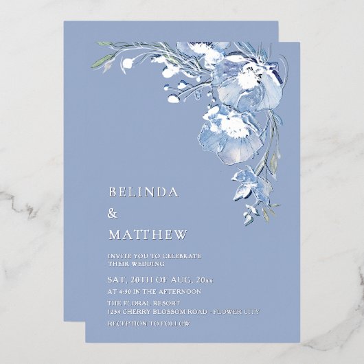 青い水彩の花　白い銀色 箔招待状 (正面/裏面)