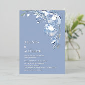 青い水彩の花　白い銀色 箔招待状 (立ち正面)