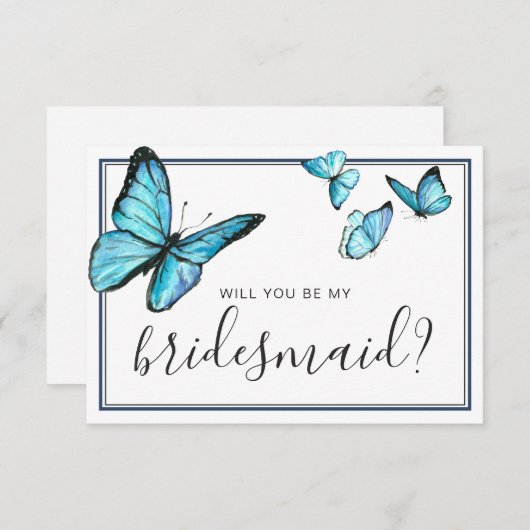青い水彩の蝶 あなたは私のブライズメイドになってくれますか 招待状 (正面/裏面)