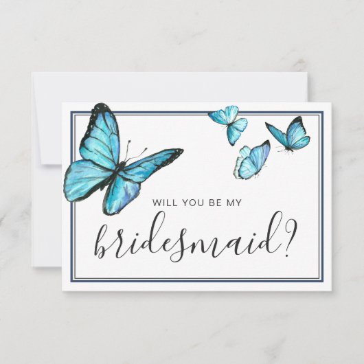 青い水彩の蝶　あなたは私の花嫁介添人になってくれますか 招待状 (正面)