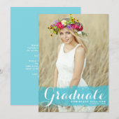 青い水彩の飛沫写真　卒業式 招待状 (正面/裏面)