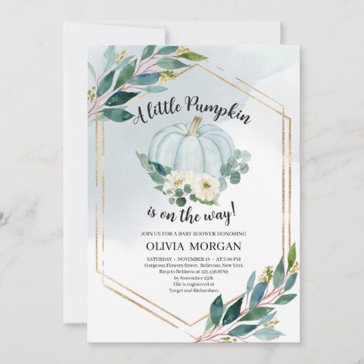 青い水彩パステルグリーンがかった小さなかぼちゃ 招待状 (正面)