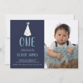 青い水彩パーティー帽子 1歳の誕生日パーティーの写真 招待状 (正面)