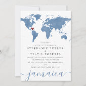 青い水彩世界の地図の目的地ウェディング 招待状 (正面)