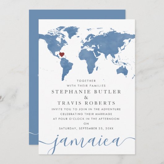 青い水彩世界の地図の目的地ウェディング 招待状 (正面/裏面)