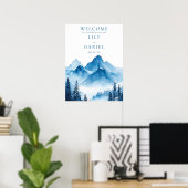 青い水彩山のウェディング ウェルカムサイン ポスター (ホームオフィス)
