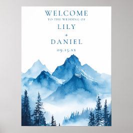 青い水彩山のウェディング ウェルカムサイン ポスター