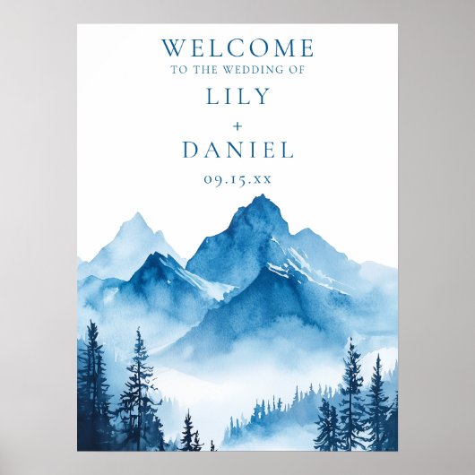 青い水彩山のウェディング ウェルカムサイン ポスター (正面)