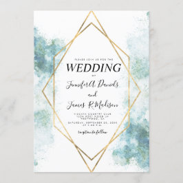 青い水彩幾何学的なゴールドフレームの結婚式 招待状