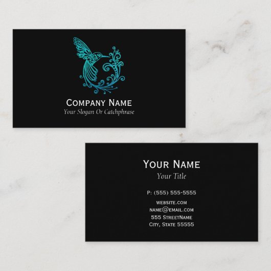 青い水彩様式のハチドリ 名刺 (正面/裏面)