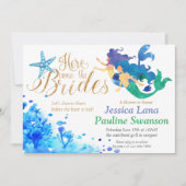 青い水彩海底人魚のゴールデン文字 招待状 (正面)