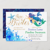 青い水彩海底人魚のゴールデン文字 招待状 (正面/裏面)