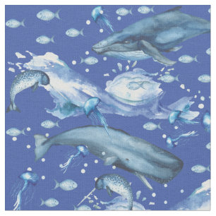青い水彩海海洋生物パターン ファブリック