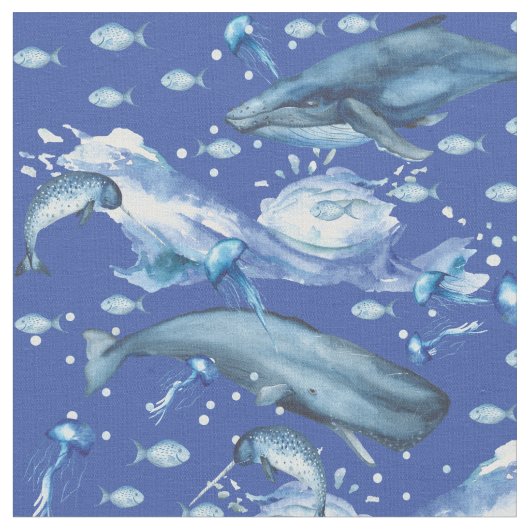 青い水彩海海洋生物パターン ファブリック (クローズアップ)