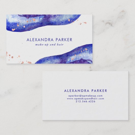 青い水彩画およびのどのばら色の金ゴールドGeode 名刺 (正面/裏面)