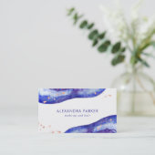青い水彩画およびのどのばら色の金ゴールドGeode 名刺 (スタンド正面)