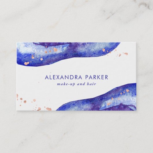 青い水彩画およびのどのばら色の金ゴールドGeode 名刺 (正面)