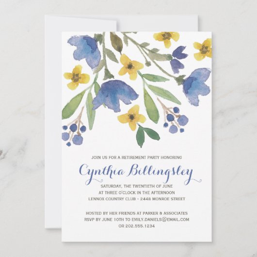 青い水彩画によっては|の退職パーティーが開花します 招待状 (正面)