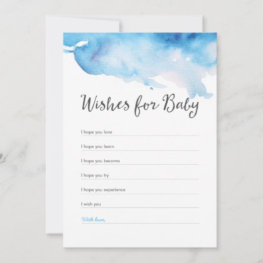 青い水彩画のしぶきのベビーシャワーはベビーを望みます 招待状 (正面)