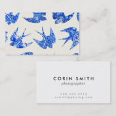 青い水彩画のつばめの鳥パターン 名刺 (正面/裏面)
