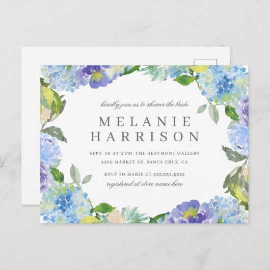 青い水彩画のアジサイのリースのブライダルシャワー インビテーションポストカード (正面/裏面)