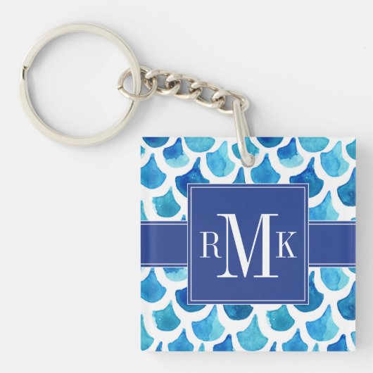 青い水彩画のスケールパターン キーホルダー (正面)