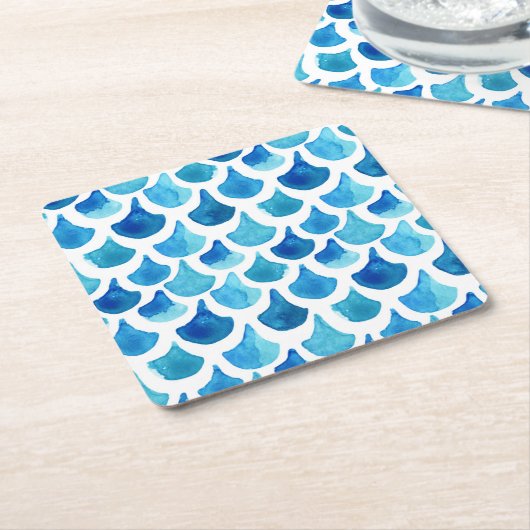 青い水彩画のスケールパターン スクエアペーパーコースター (アングル)