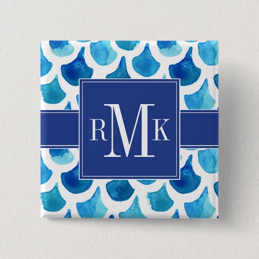 青い水彩画のスケールパターン 缶バッジ (正面)