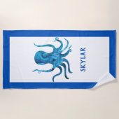 青い水彩画のタコの海の海洋生物の海兵隊員の子供 ビーチタオル (正面)