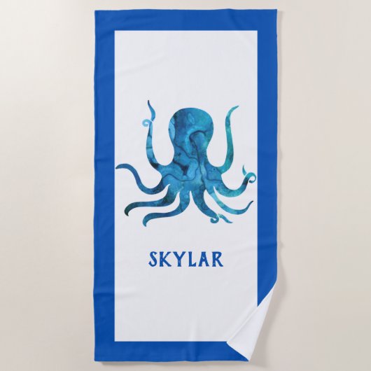 青い水彩画のタコの海の海洋生物の海兵隊員の子供 ビーチタオル (正面)