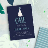 青い水彩画のパーティーの帽子の第1誕生会 招待状