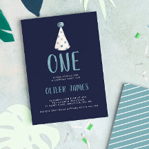 青い水彩画のパーティーの帽子の第1誕生会