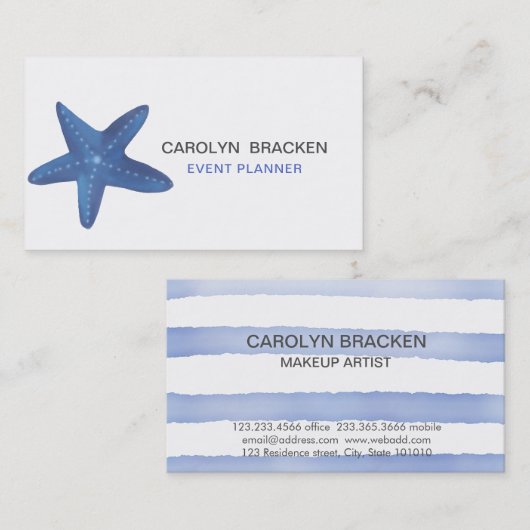青い水彩画のヒトデの海|は縞で飾ります 名刺 (正面/裏面)