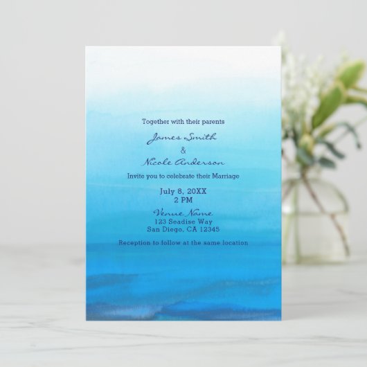 青い水彩画のビーチトロピカルウェディング招待状 招待状 (スタンド正面)